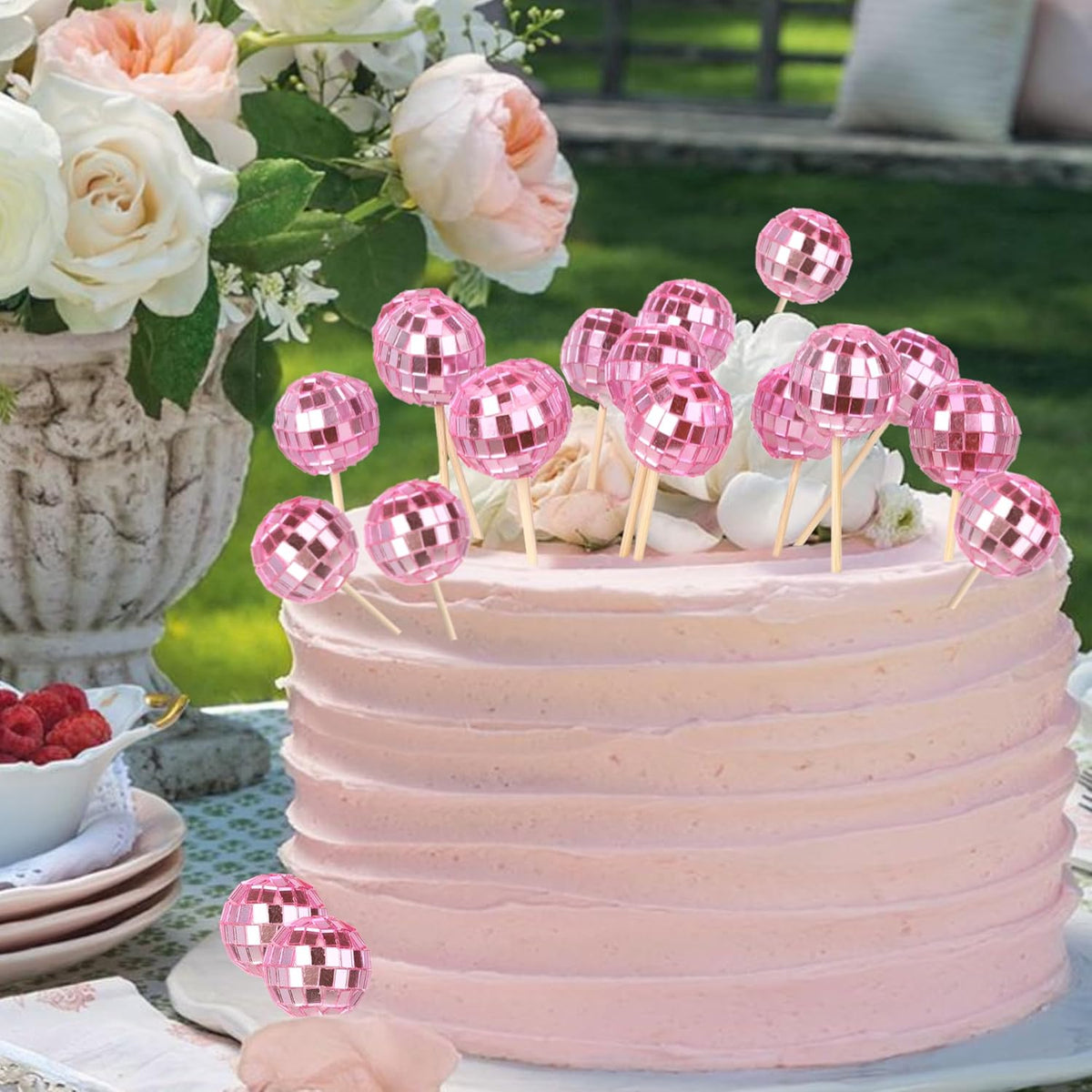 24 Pack Pink Disco Ball Cupcake Toppers Reflective Mirror Disco Ball Cake Toppers Disco Ball Decor for 70s Disco Theme Birthday Party Cake Decorations
