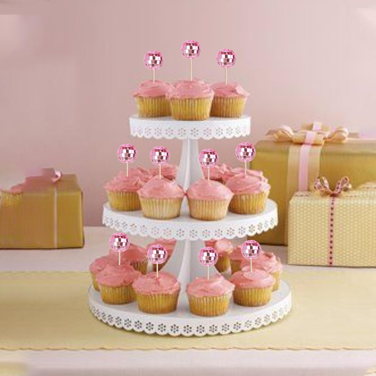 24 Pack Pink Disco Ball Cupcake Toppers Reflective Mirror Disco Ball Cake Toppers Disco Ball Decor for 70s Disco Theme Birthday Party Cake Decorations