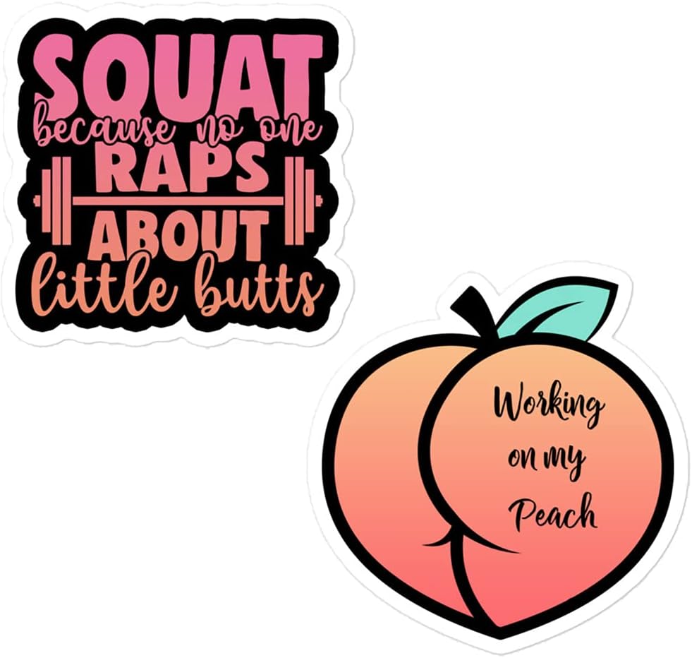 Squat Sticker and Working On My Peach Workout Sticker Pack (2 Pack) Squat Funny Water Bottle Sticker, Gym Training Weightlifting Sticker for Women