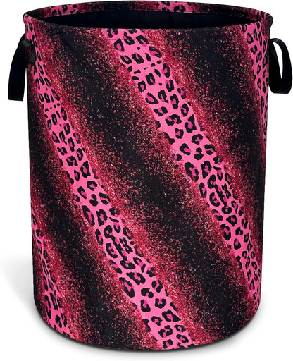 Pink Leopard Print Laundry Basket Foldable Oxford Cloth Hamper 18.9x16.5 In