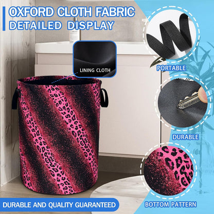 Pink Leopard Print Laundry Basket Foldable Oxford Cloth Hamper 18.9x16.5 In