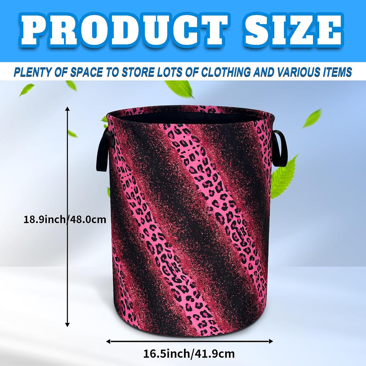 Pink Leopard Print Laundry Basket Foldable Oxford Cloth Hamper 18.9x16.5 In