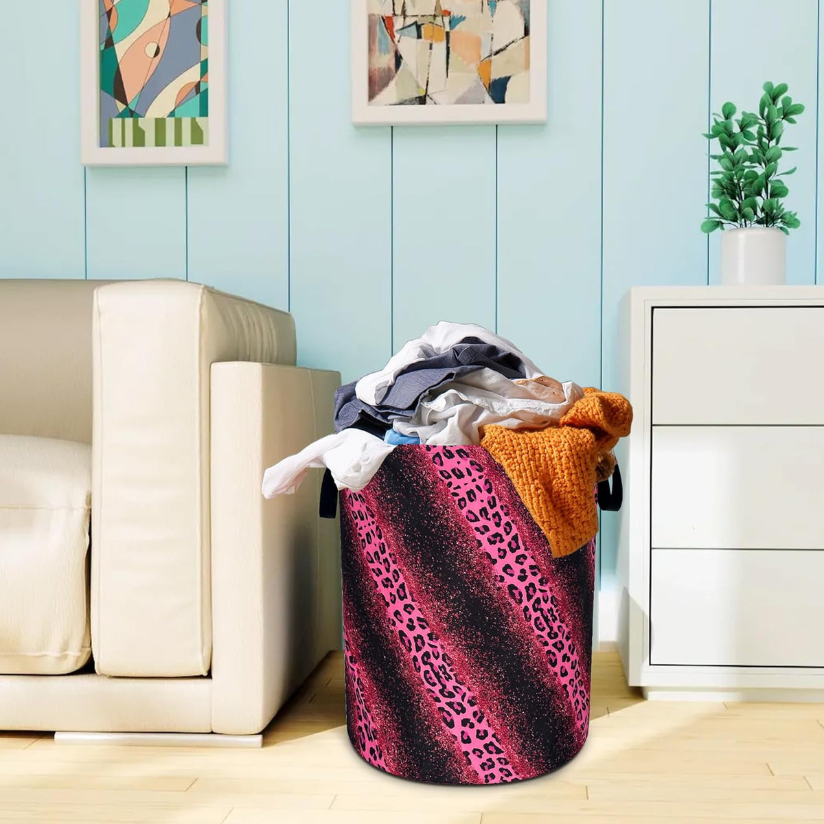 Pink Leopard Print Laundry Basket Foldable Oxford Cloth Hamper 18.9x16.5 In