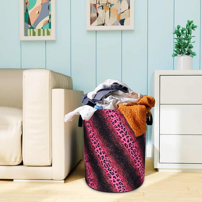 Pink Leopard Print Laundry Basket Foldable Oxford Cloth Hamper 18.9x16.5 In