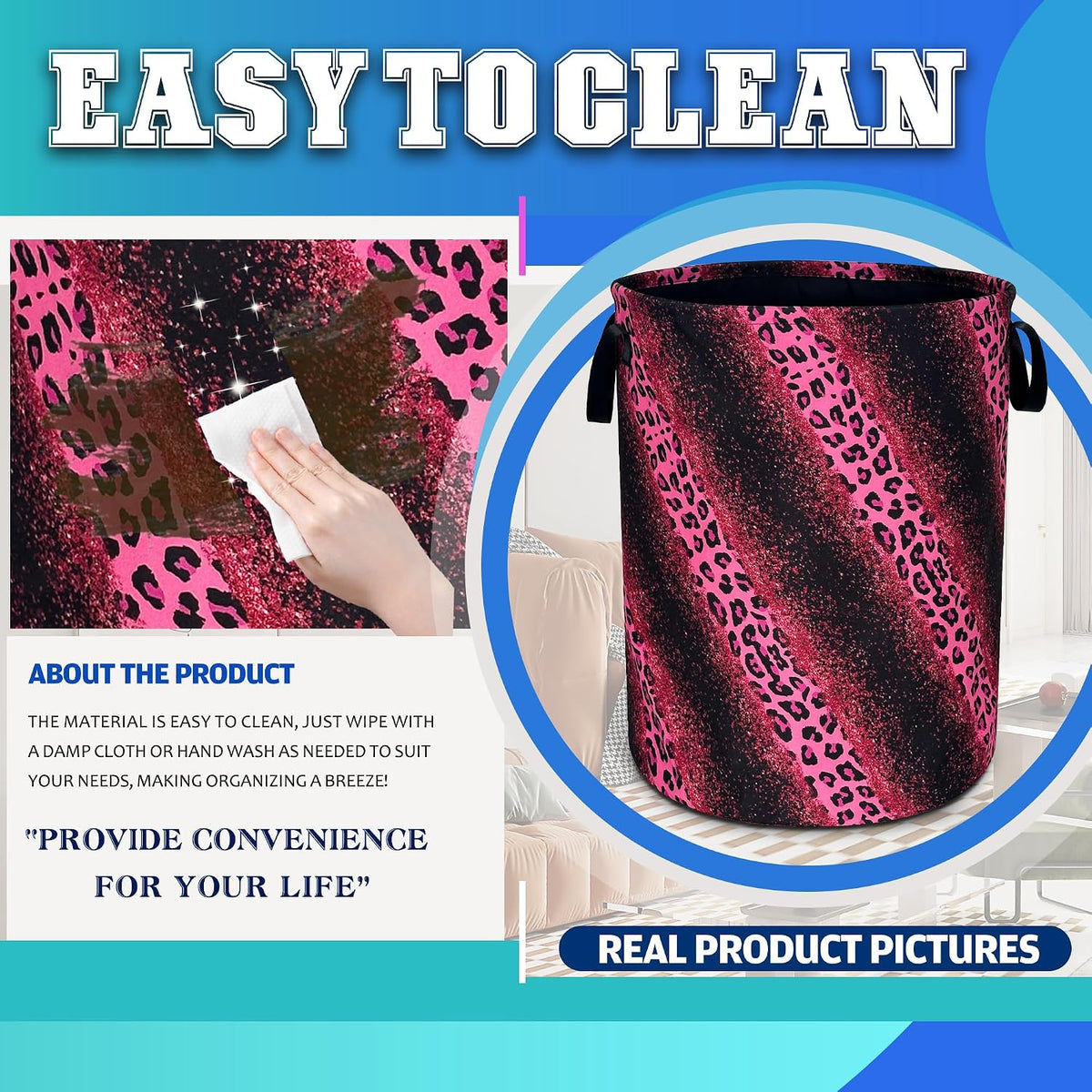 Pink Leopard Print Laundry Basket Foldable Oxford Cloth Hamper 18.9x16.5 In