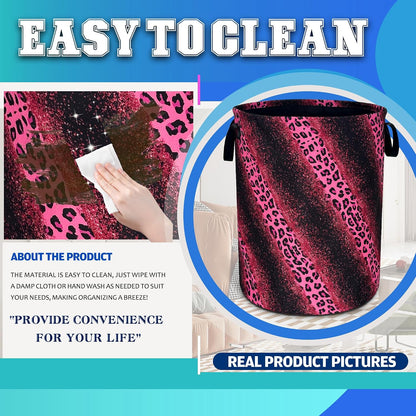 Pink Leopard Print Laundry Basket Foldable Oxford Cloth Hamper 18.9x16.5 In
