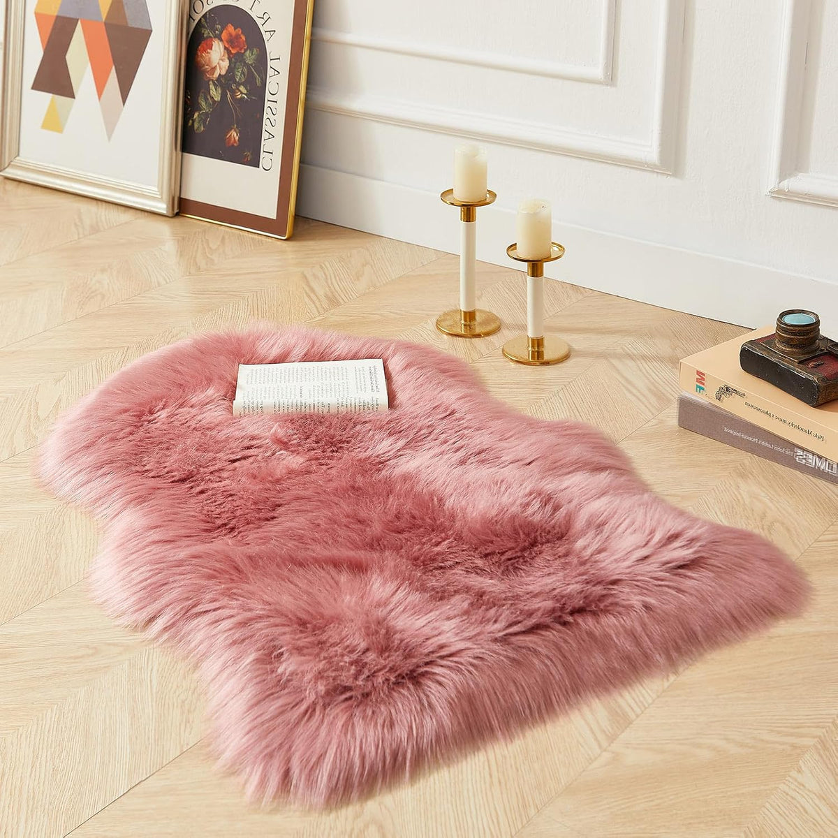 Faux Fur Rug, Blush Pink Small Area Rug, Fluffy Sheepskin Rug, Fuzzy Ultra Soft 2 x 3 ft Shag Rugs for Bedroom Sofa Throw Cushion Room Decor, Sheepskin