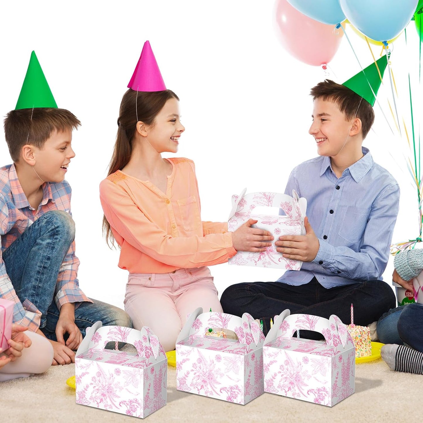 Dunzoom 24 Pack Pink Floral Paper Gift Boxes Party Favor Gift Gable Boxes with Chinoiserie Floral Printed Candy Treat Box for Wedding Birthday Tea Bridal Shower Party