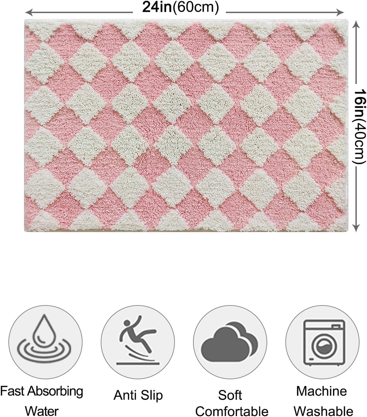 Pink Bathroom Rug Cute Checkered Bath Mat for Bathroom Soft Super Absorbent Non Slip TPR Backing, Quick Drying, Machine Washable Bath Mats for Floor, Shower Sink,24" x 16"