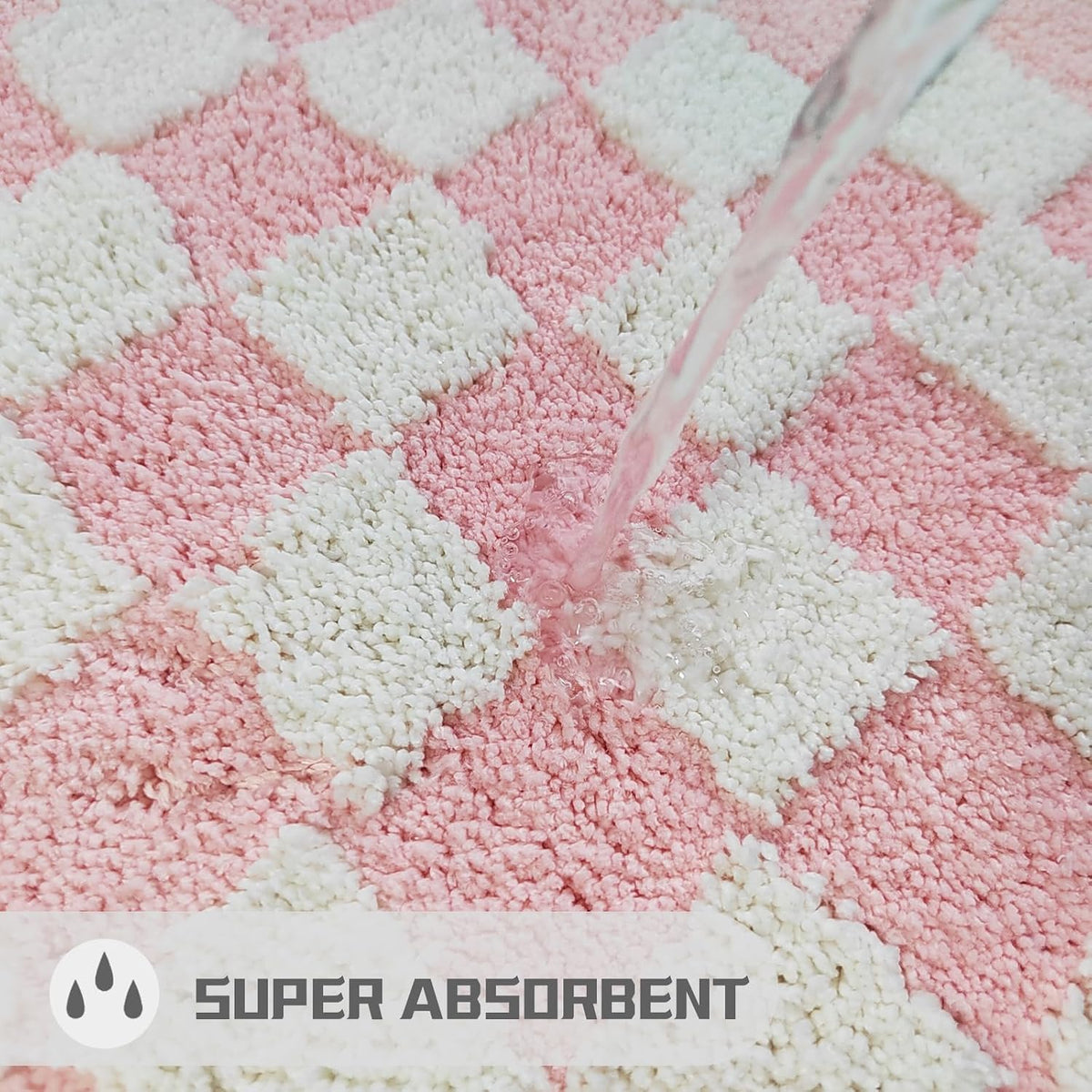Pink Bathroom Rug Cute Checkered Bath Mat for Bathroom Soft Super Absorbent Non Slip TPR Backing, Quick Drying, Machine Washable Bath Mats for Floor, Shower Sink,24" x 16"