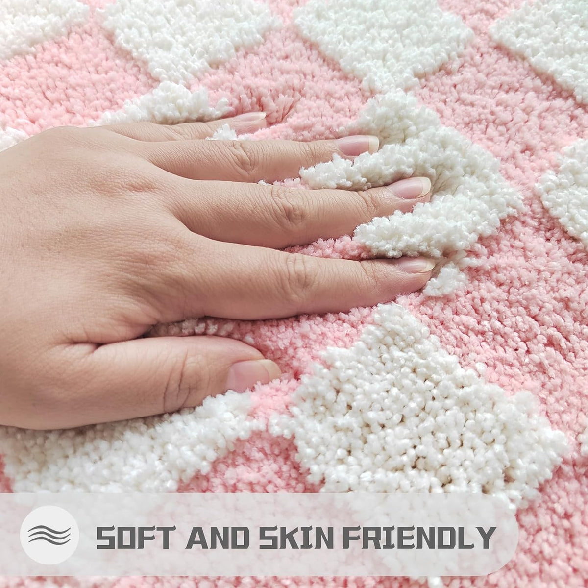 Pink Bathroom Rug Cute Checkered Bath Mat for Bathroom Soft Super Absorbent Non Slip TPR Backing, Quick Drying, Machine Washable Bath Mats for Floor, Shower Sink,24" x 16"