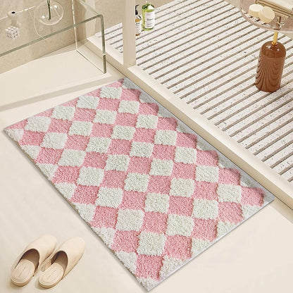Pink Bathroom Rug Cute Checkered Bath Mat for Bathroom Soft Super Absorbent Non Slip TPR Backing, Quick Drying, Machine Washable Bath Mats for Floor, Shower Sink,24" x 16"