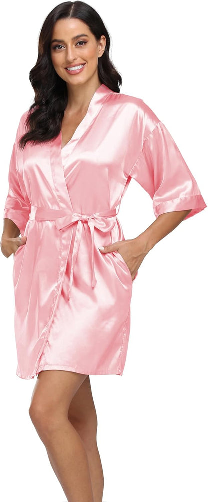 Women's Satin Robe Silk Kimono Bathrobe Pure Short Sexy Sleepwear Bridesmaid Bride Party Robes with Pockets
