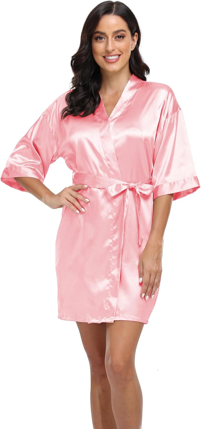 Women's Satin Robe Silk Kimono Bathrobe Pure Short Sexy Sleepwear Bridesmaid Bride Party Robes with Pockets