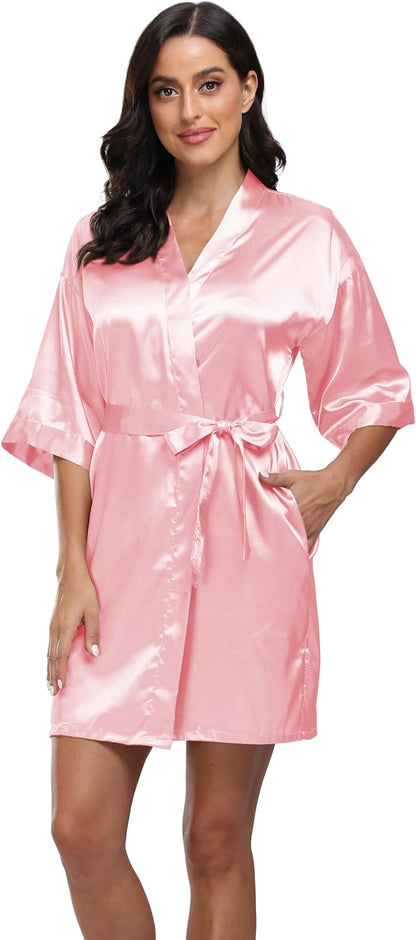 Women's Satin Robe Silk Kimono Bathrobe Pure Short Sexy Sleepwear Bridesmaid Bride Party Robes with Pockets