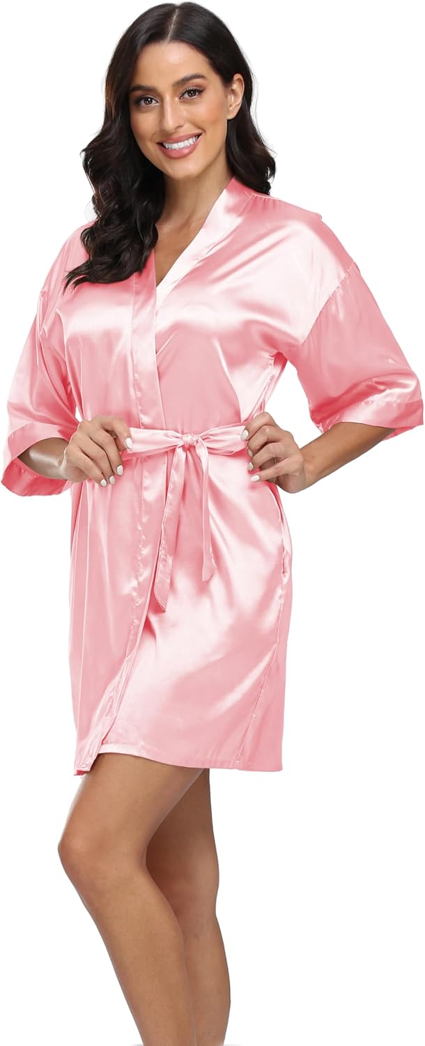 Women's Satin Robe Silk Kimono Bathrobe Pure Short Sexy Sleepwear Bridesmaid Bride Party Robes with Pockets