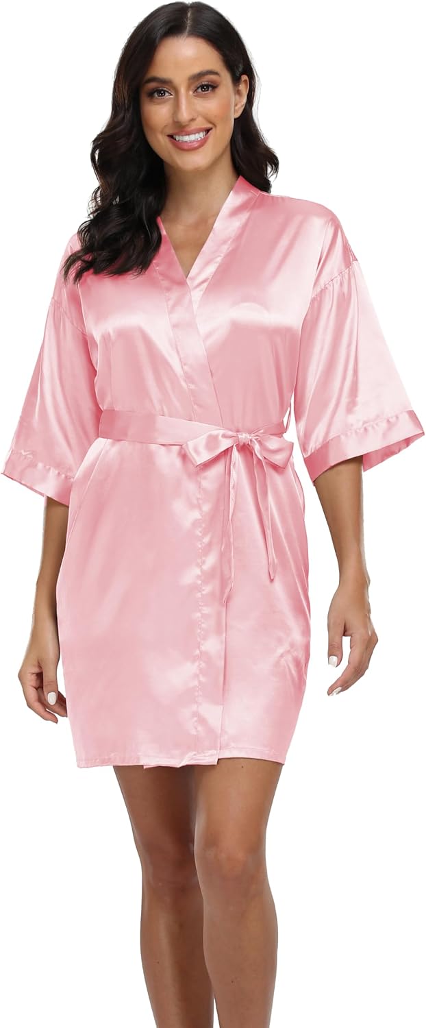 Women's Satin Robe Silk Kimono Bathrobe Pure Short Sexy Sleepwear Bridesmaid Bride Party Robes with Pockets