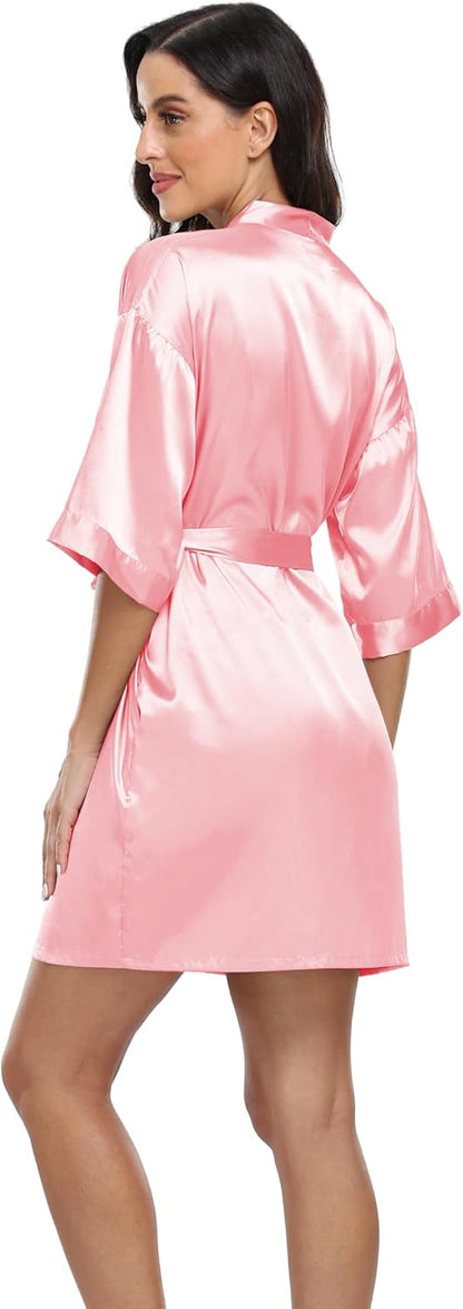 Women's Satin Robe Silk Kimono Bathrobe Pure Short Sexy Sleepwear Bridesmaid Bride Party Robes with Pockets
