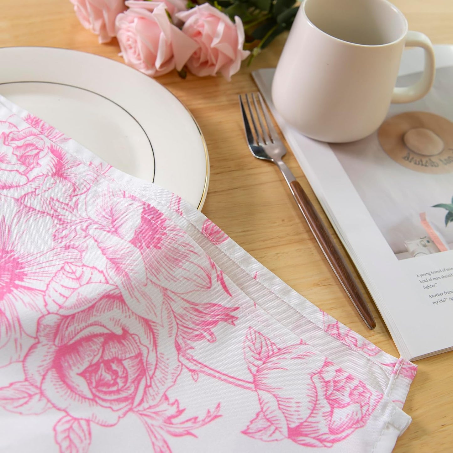Pink Floral Heavy Duty Cloth Napkins - 17 x 17 Inch Solid Washable Polyester Dinner Napkins - Set of 8 Napkins with Hemmed Edges - Great for Weddings, Parties, Banquets Dinner & More