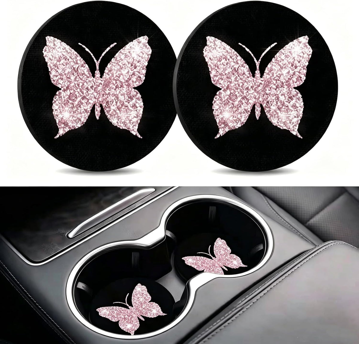 2PCS Bling Cup Holder Coaster, Anti-Slip Bling Butterfly Cup Holder Coasters for Car, 2.75In Diamond Drink Cup Mug Mat Pad, Universal Car Interior Accessories for Women (Pink)
