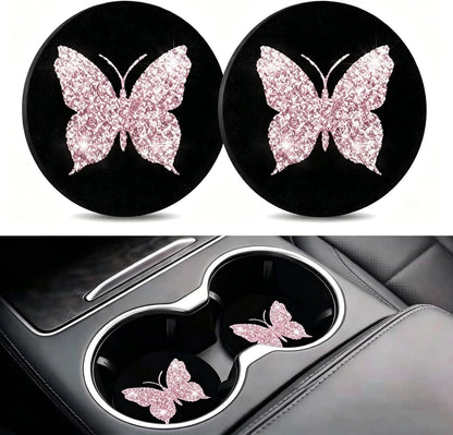 2PCS Bling Cup Holder Coaster, Anti-Slip Bling Butterfly Cup Holder Coasters for Car, 2.75In Diamond Drink Cup Mug Mat Pad, Universal Car Interior Accessories for Women (Pink)