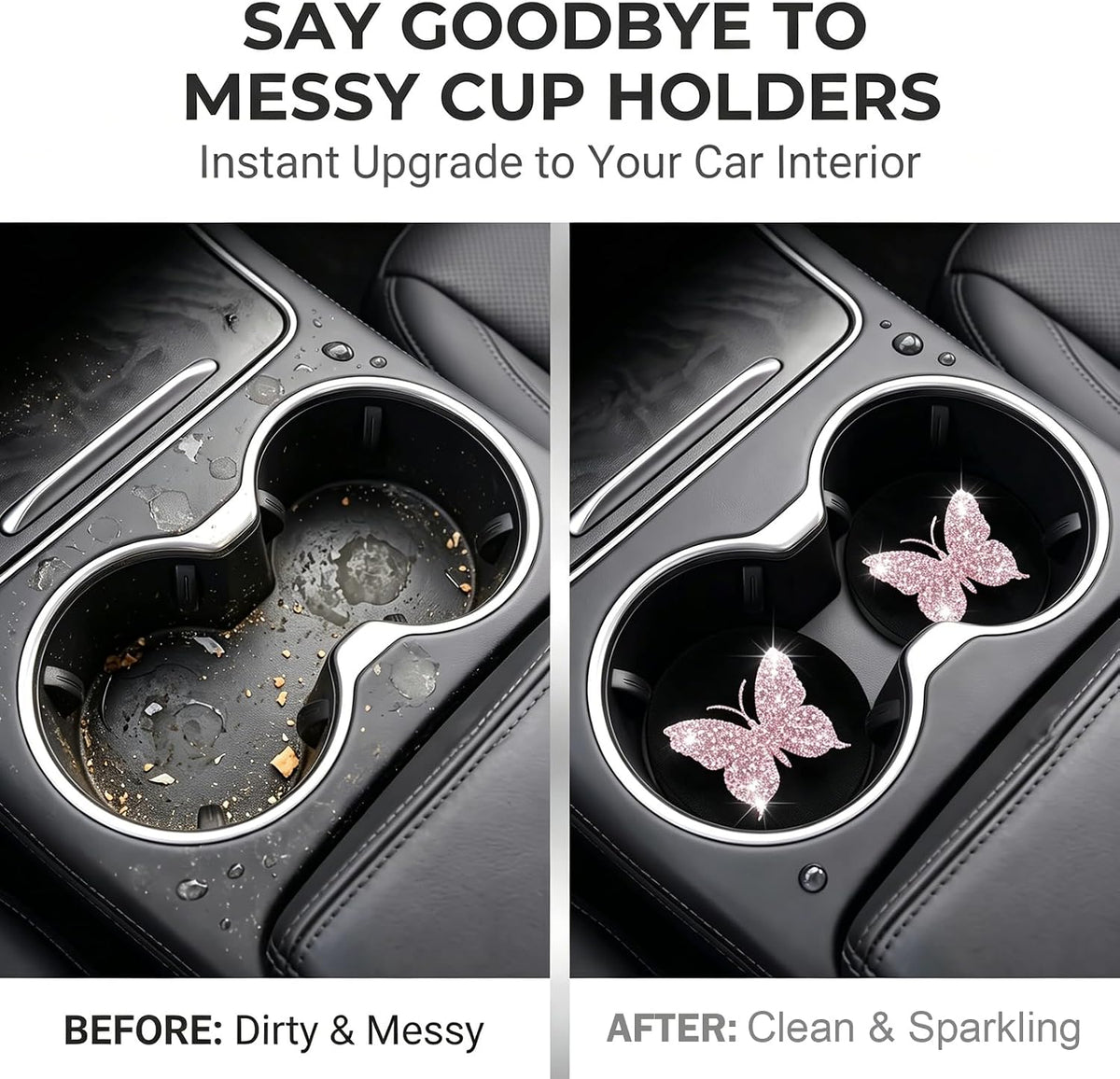 2PCS Bling Cup Holder Coaster, Anti-Slip Bling Butterfly Cup Holder Coasters for Car, 2.75In Diamond Drink Cup Mug Mat Pad, Universal Car Interior Accessories for Women (Pink)