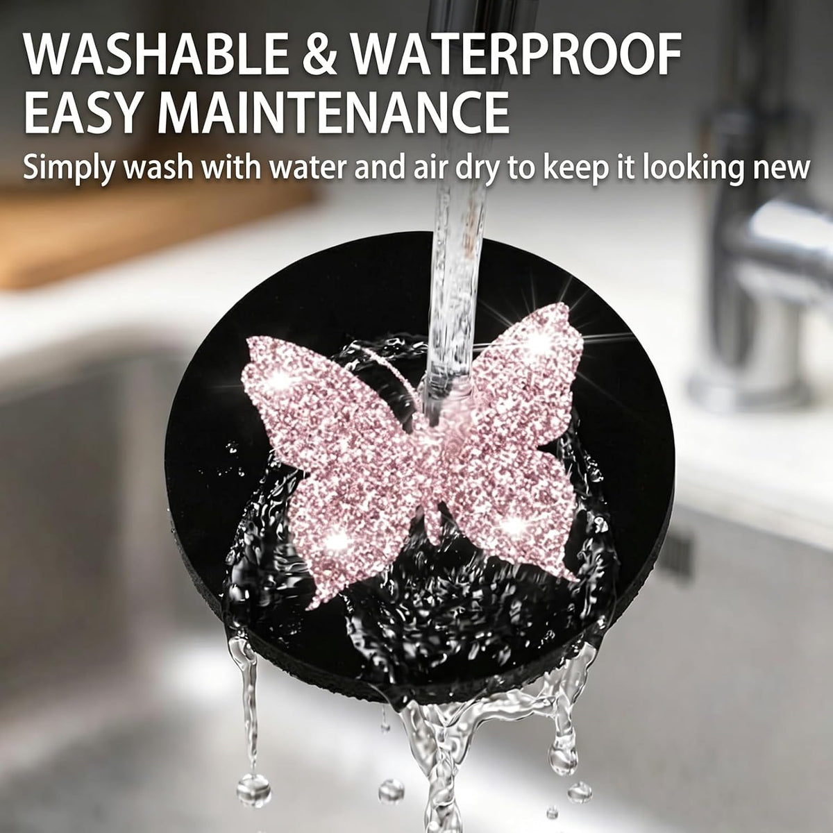 2PCS Bling Cup Holder Coaster, Anti-Slip Bling Butterfly Cup Holder Coasters for Car, 2.75In Diamond Drink Cup Mug Mat Pad, Universal Car Interior Accessories for Women (Pink)