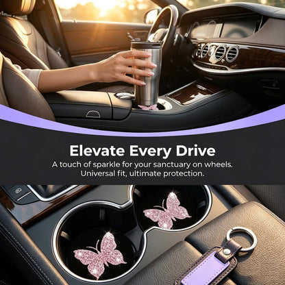 2PCS Bling Cup Holder Coaster, Anti-Slip Bling Butterfly Cup Holder Coasters for Car, 2.75In Diamond Drink Cup Mug Mat Pad, Universal Car Interior Accessories for Women (Pink)
