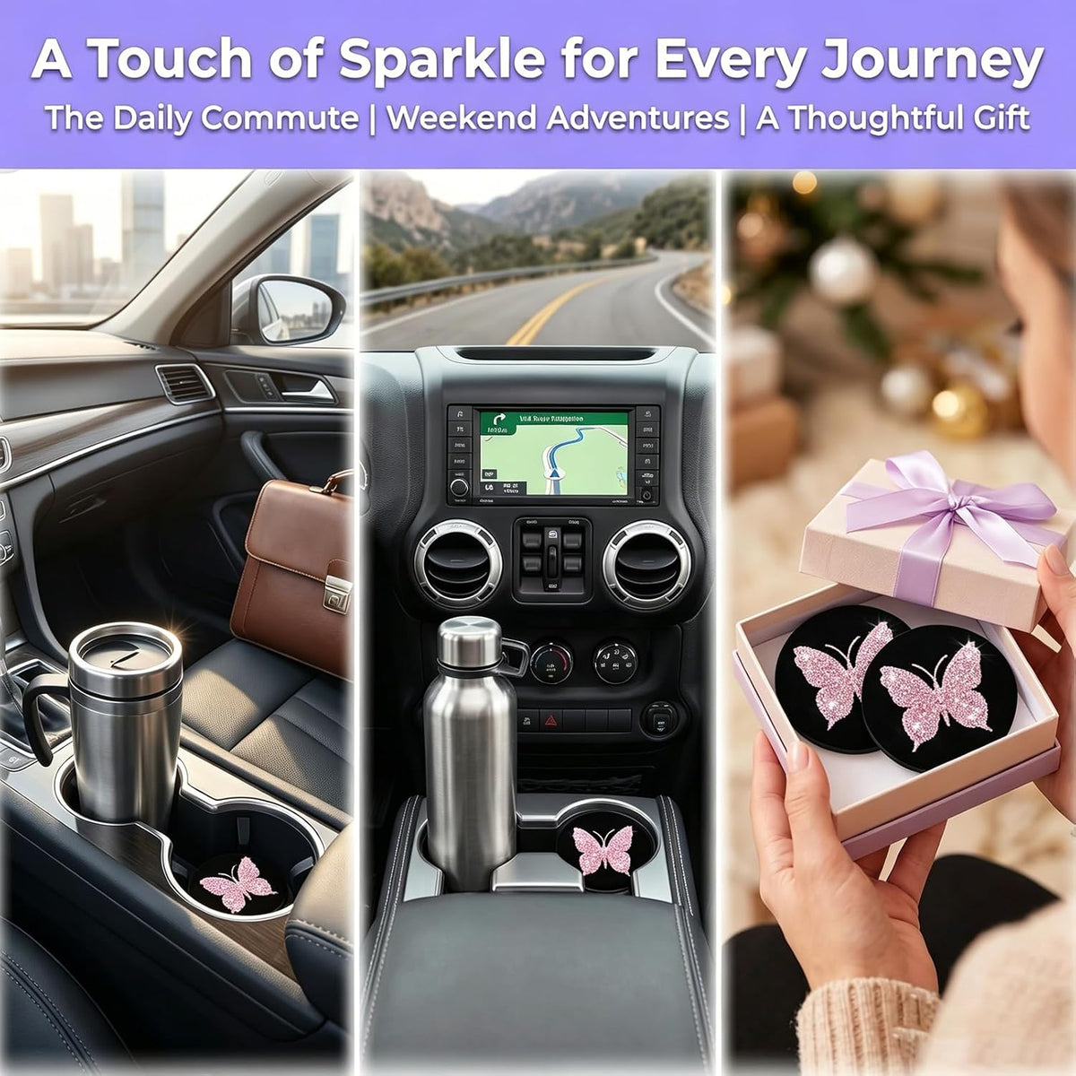 2PCS Bling Cup Holder Coaster, Anti-Slip Bling Butterfly Cup Holder Coasters for Car, 2.75In Diamond Drink Cup Mug Mat Pad, Universal Car Interior Accessories for Women (Pink)