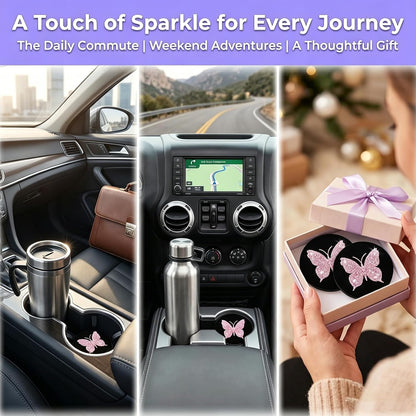 2PCS Bling Cup Holder Coaster, Anti-Slip Bling Butterfly Cup Holder Coasters for Car, 2.75In Diamond Drink Cup Mug Mat Pad, Universal Car Interior Accessories for Women (Pink)