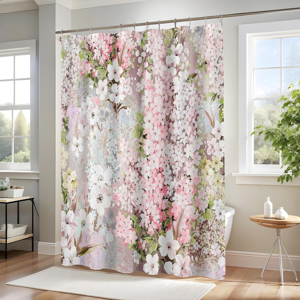 Blush Pink Floral Fabric Shower Curtains for Bathroom, 72x72