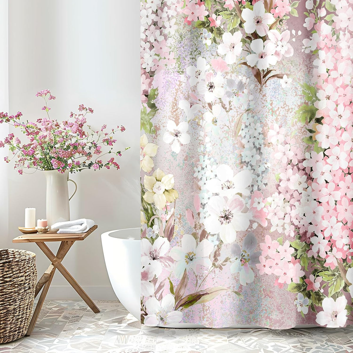 Blush Pink Floral Fabric Shower Curtains for Bathroom, 72x72