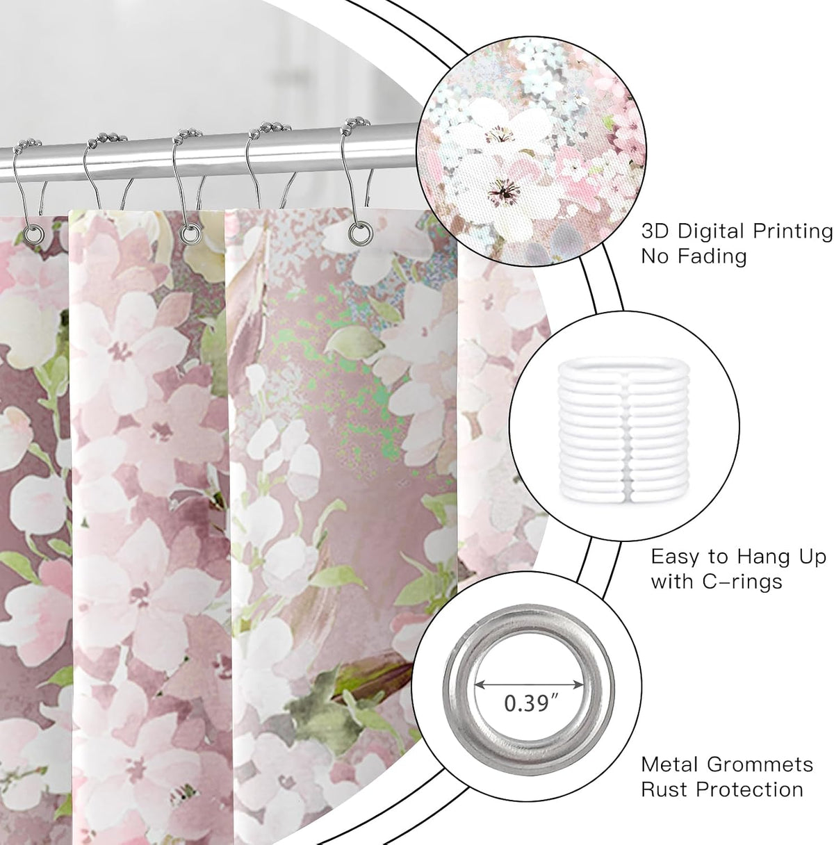 Blush Pink Floral Fabric Shower Curtains for Bathroom, 72x72