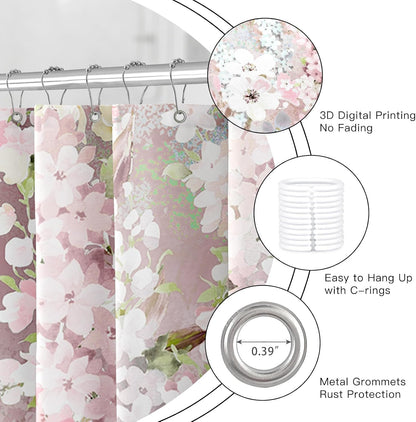 Blush Pink Floral Fabric Shower Curtains for Bathroom, 72x72