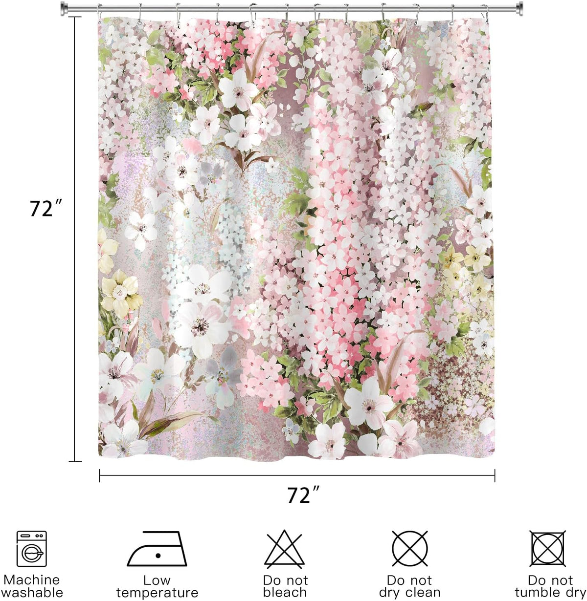 Blush Pink Floral Fabric Shower Curtains for Bathroom, 72x72