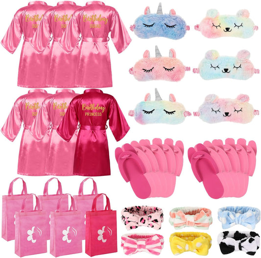 30 Pcs Spa Birthday Party Supplies 6 Set Sleepover Party Satin Robes Pack Birthday Princess Squad Kit
