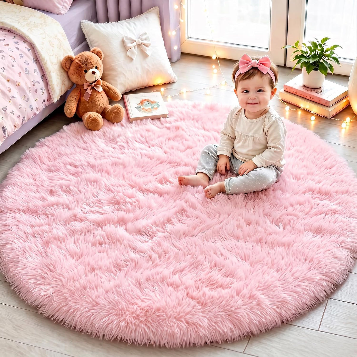 Pink Round Rug for Girls Bedroom 4Ft, Fluffy Shaggy Fuzzy Circle Area Rugs