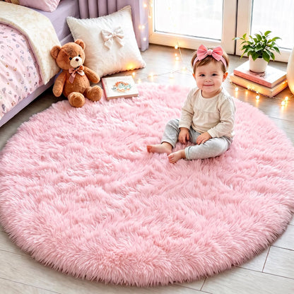 Pink Round Rug for Girls Bedroom 4Ft, Fluffy Shaggy Fuzzy Circle Area Rugs