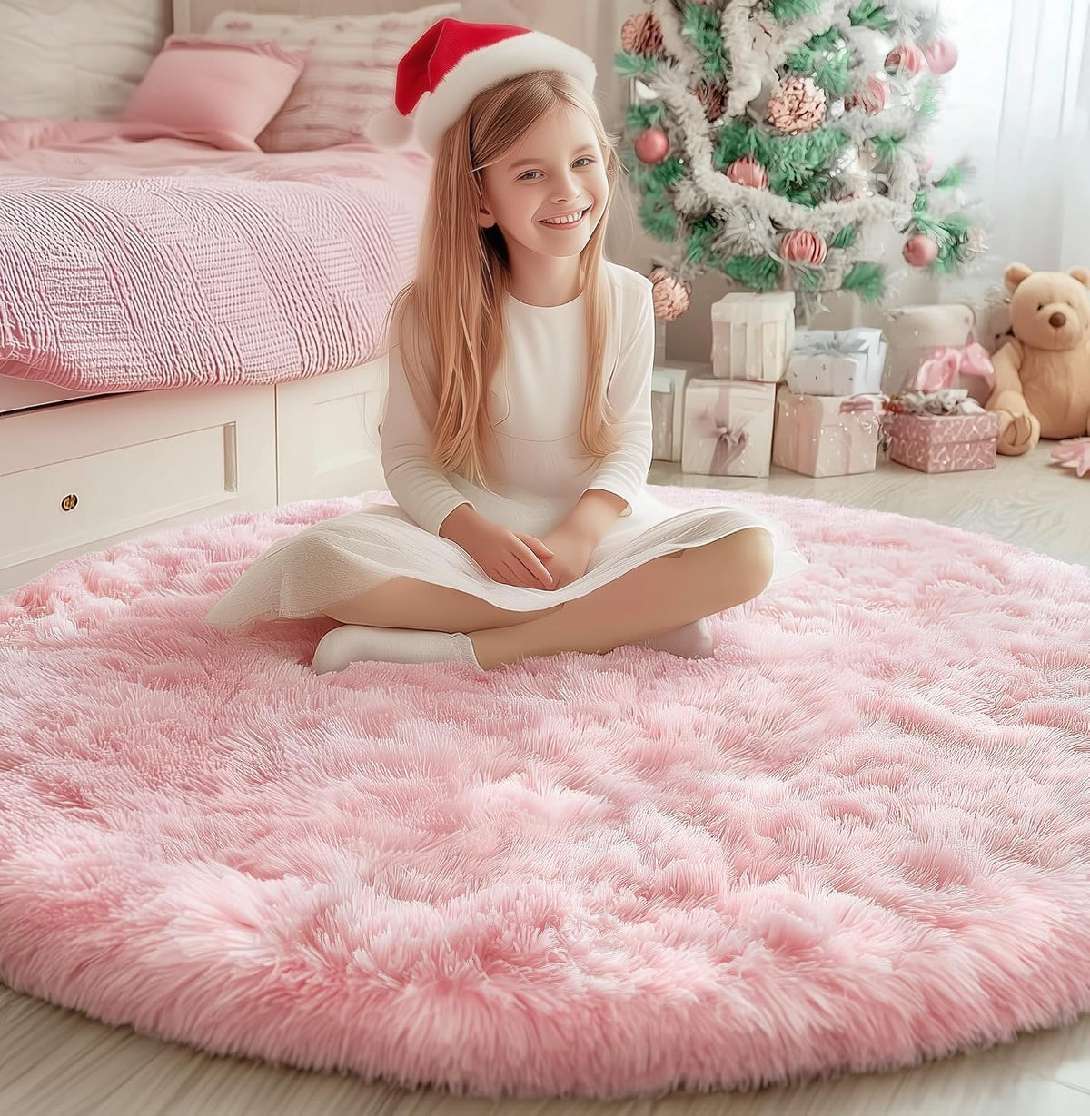 Pink Round Rug for Girls Bedroom 4Ft, Fluffy Shaggy Fuzzy Circle Area Rugs