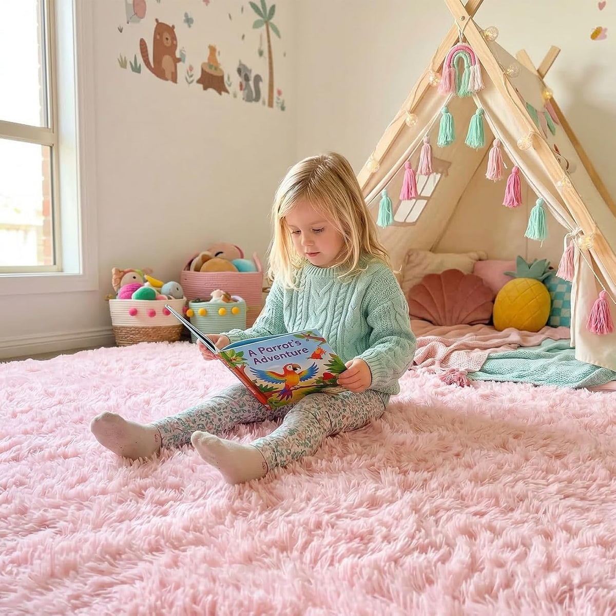 Pink Round Rug for Girls Bedroom 4Ft, Fluffy Shaggy Fuzzy Circle Area Rugs