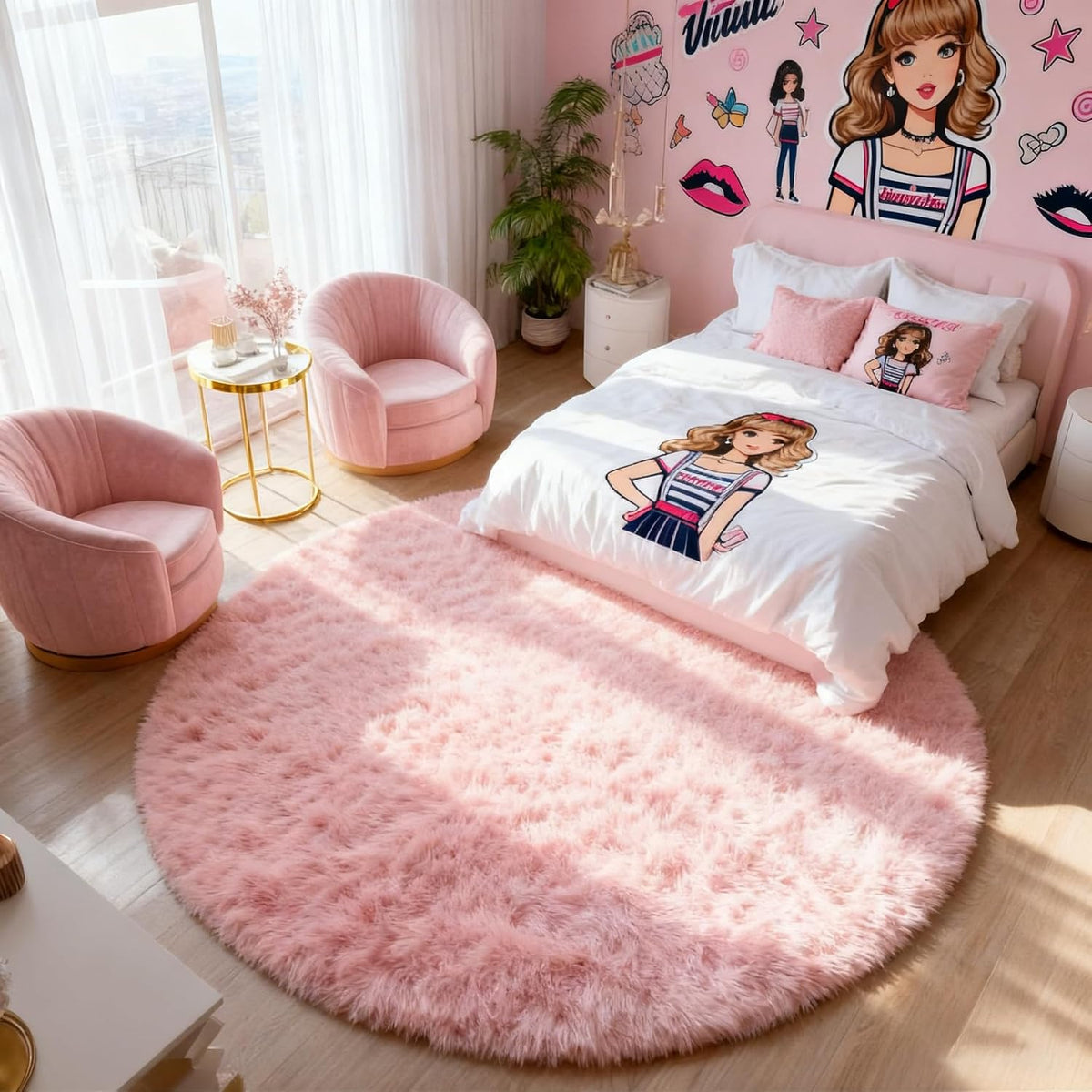 Pink Round Rug for Girls Bedroom 4Ft, Fluffy Shaggy Fuzzy Circle Area Rugs