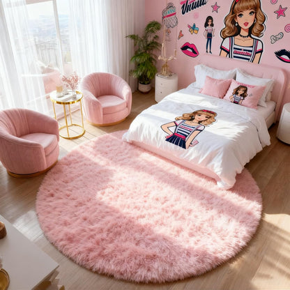 Pink Round Rug for Girls Bedroom 4Ft, Fluffy Shaggy Fuzzy Circle Area Rugs
