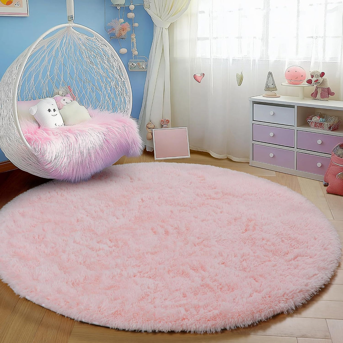 Pink Round Rug for Girls Bedroom 4Ft, Fluffy Shaggy Fuzzy Circle Area Rugs