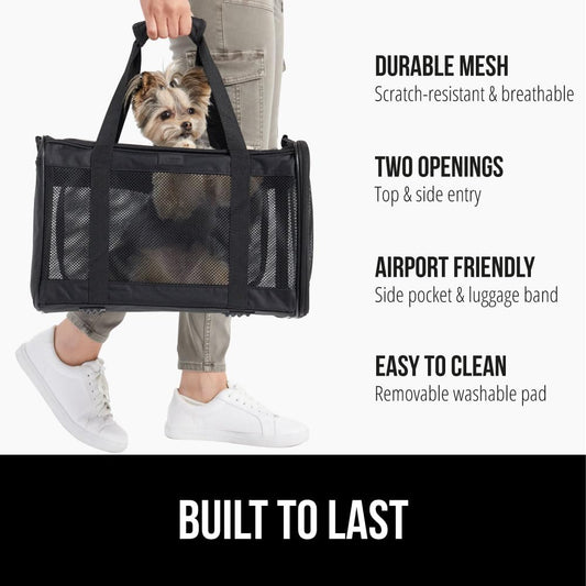 GORILLA GRIP Cat Carrier Travel Bag Up to 15 Lbs, Soft Collapsible Small Dog Carriers, Top and Side Entry Breathable Mesh, Grip Feet on Underside, Cozy Washable Waterproof Pad, Portable Kennel, Black