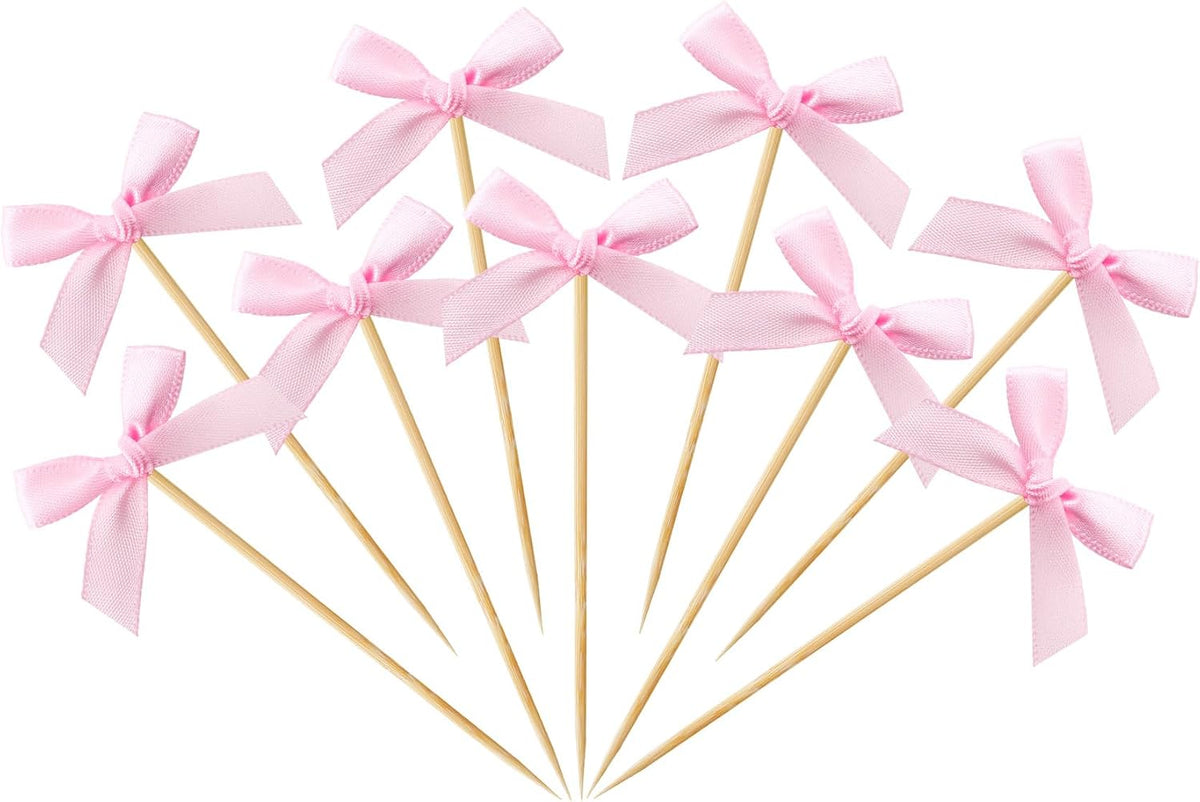 100 PCS Pink Bow Cocktail Picks Ribbon Bow Toothpicks for Appetizers, Bowknot Bamboo Picks Bulk for Fruit Drink Dessert Cake, Fancy Toothpicks for Baby Shower Engagement Weeding Party