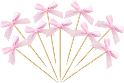 100 PCS Pink Bow Cocktail Picks Ribbon Bow Toothpicks for Appetizers, Bowknot Bamboo Picks Bulk for Fruit Drink Dessert Cake, Fancy Toothpicks for Baby Shower Engagement Weeding Party