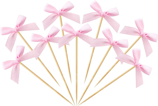 100 PCS Pink Bow Cocktail Picks Ribbon Bow Toothpicks for Appetizers, Bowknot Bamboo Picks Bulk for Fruit Drink Dessert Cake, Fancy Toothpicks for Baby Shower Engagement Weeding Party