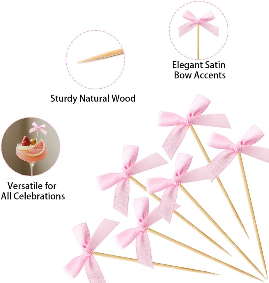 100 PCS Pink Bow Cocktail Picks Ribbon Bow Toothpicks for Appetizers, Bowknot Bamboo Picks Bulk for Fruit Drink Dessert Cake, Fancy Toothpicks for Baby Shower Engagement Weeding Party