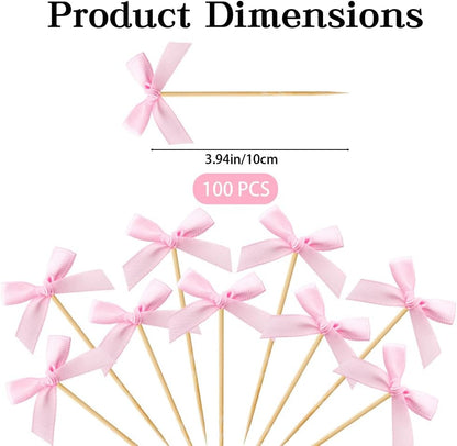 100 PCS Pink Bow Cocktail Picks Ribbon Bow Toothpicks for Appetizers, Bowknot Bamboo Picks Bulk for Fruit Drink Dessert Cake, Fancy Toothpicks for Baby Shower Engagement Weeding Party