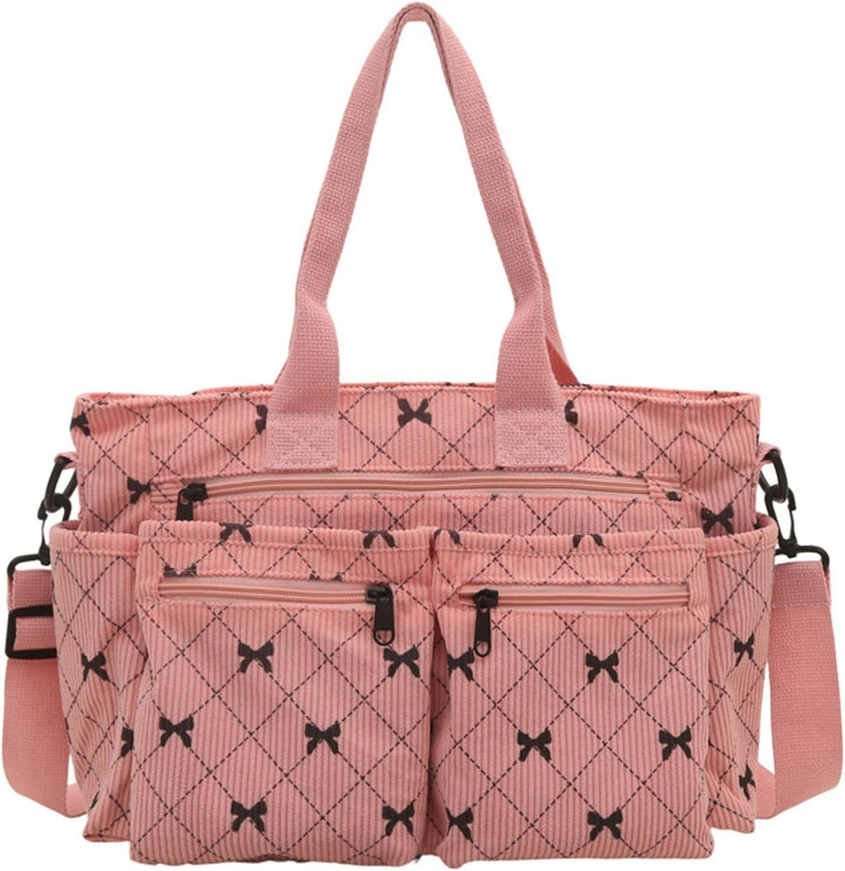 Corduroy Tote Handbag Women Multi-pocket Bow Print Shoulder Crossbody Bag Commuter Daily Bag